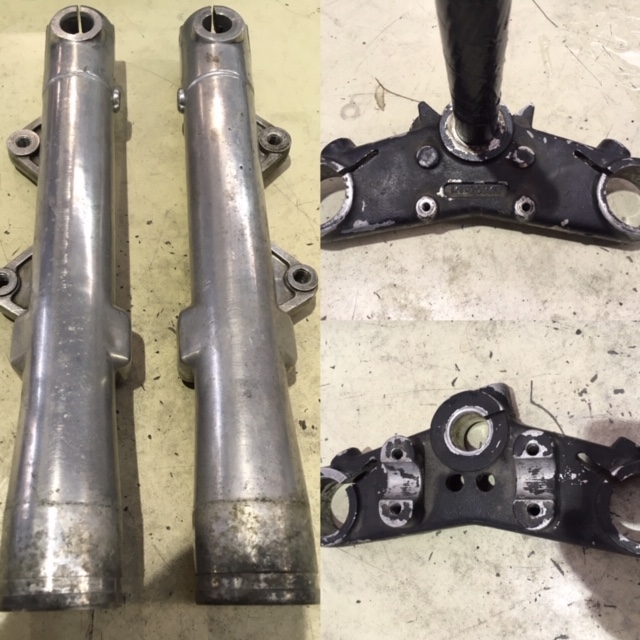 '76 Ducati GTS860 Fork and Triple Trees Before Vapour Blasting