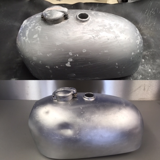 BSA Scrambler tank, before and after vapour blasting