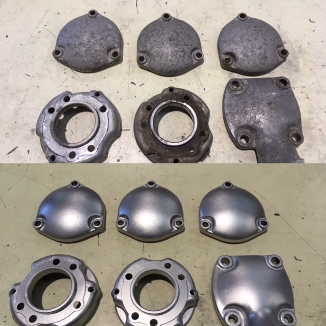 Yamaha XS650 Valve Covers and Seal Carriers, before and after vapour blasting