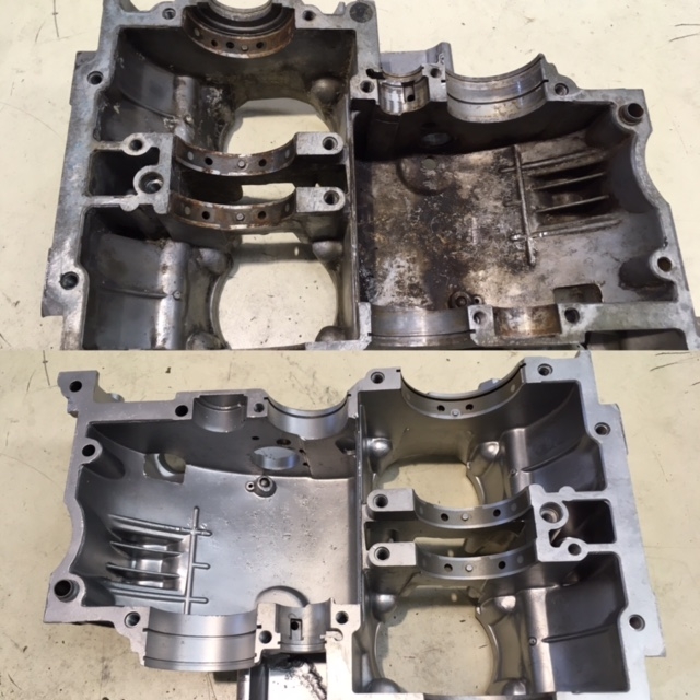 Yamaha XS650 Upper Crankcase, before and after vapour blasting