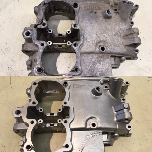 Yamaha XS650 Upper Crankcase, before and after vapour blasting