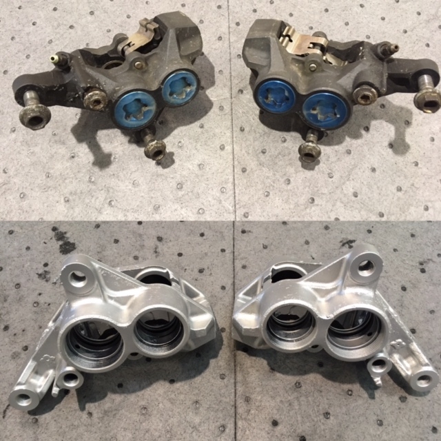 Yamaha R6 Brake Calipers, before and after vapour blasting