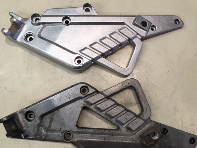 BMW K100 Footrest Hangers Before and After Vapour Blasting